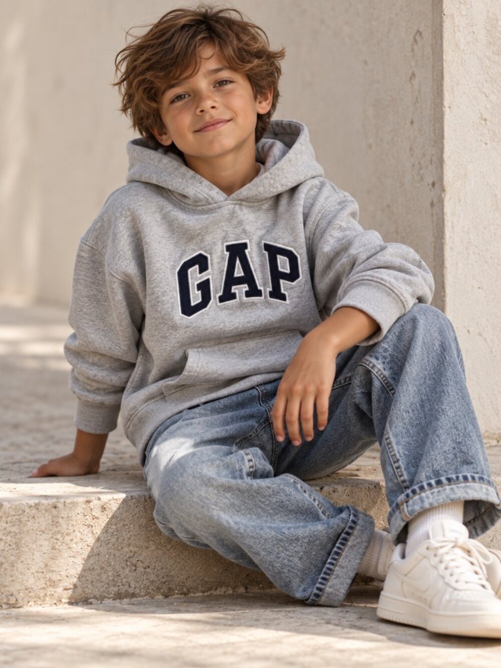 Gap Kids Boys Grey Fleece Pullover Spell Out Hoodie Navy Logo Sweatshirt M 8Y